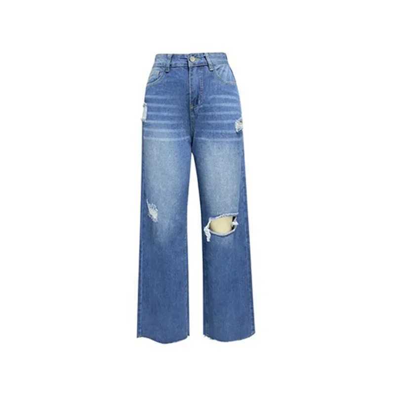 Women Knee Broken Holes Trend Straight Jeans Fashion Comfortable Casual High Waist Denim Pants Female Loose Wide Leg Trousers 24T260317
