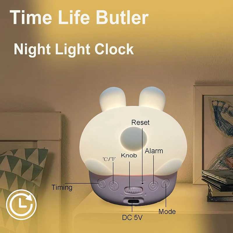 Alarm Clock with Night Light Cute Bunny Temperature Display Rechargeable Dimmable Night Lamp for Kids Desktop Decor D260318
