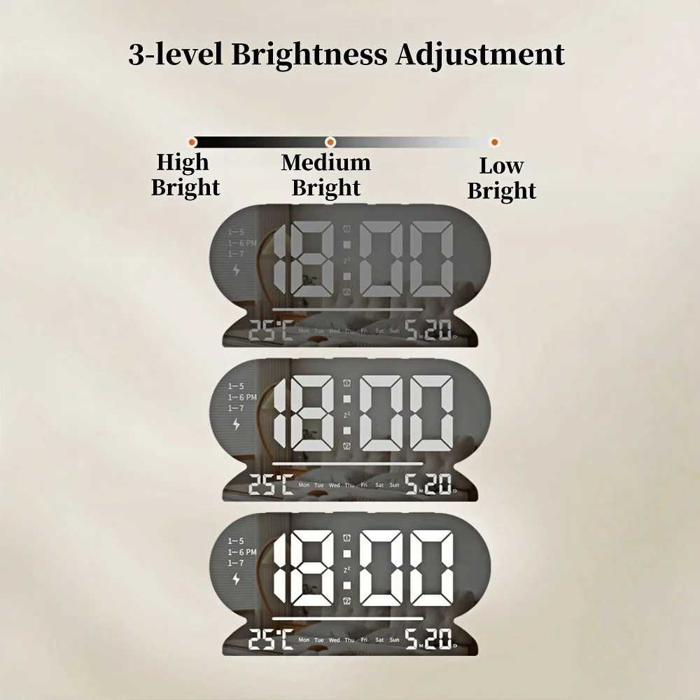 USB Powered Digital Alarm Clock TEMP Date Week 2 Alarm Night Mode Snooze Table Clock 3 Levels Brightness 12/24H LED Wall Clock D260318