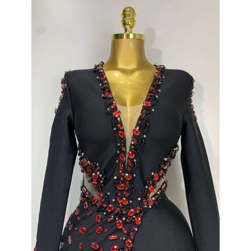 Luxury Birthday Women Celebrity Sexy Long Sleeve V Neck Rhinestone Black Bandage Dress Elegant Evening Club Party Dresses Gowns Dress Elegant
