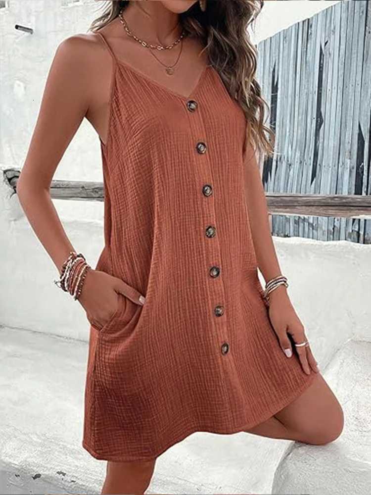 Womens Brown Textured Button Front Dress Spaghetti Straps Pockets Ideal for Summer Vacations Beach Outings Bohemian StylesXJ260318