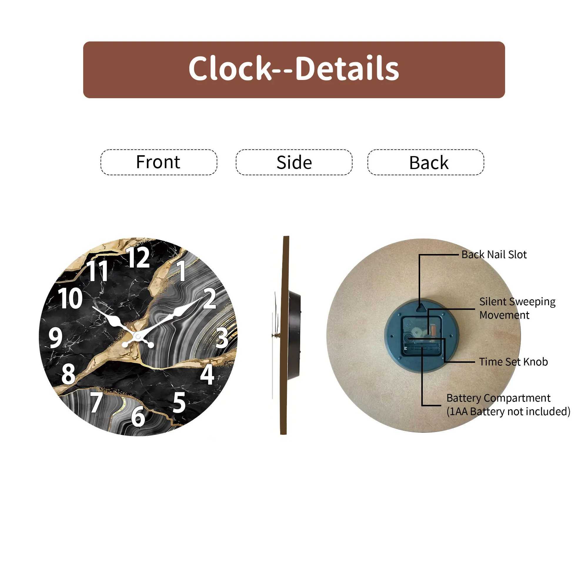 1pc round wooden wall clock modern simple marble texture pattern design wall clock silent clock suitable for living room din D260318