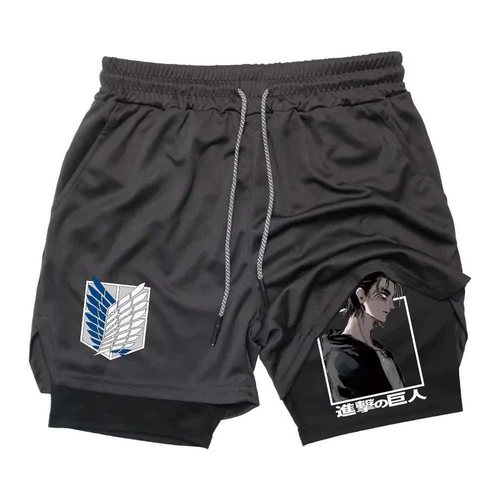 Japanese Anime Attack on Titan Print Double Layer 2-in-1 Shorts Mens Workout Training Gym Sports Pockets Quick-Drying Shorts M260318