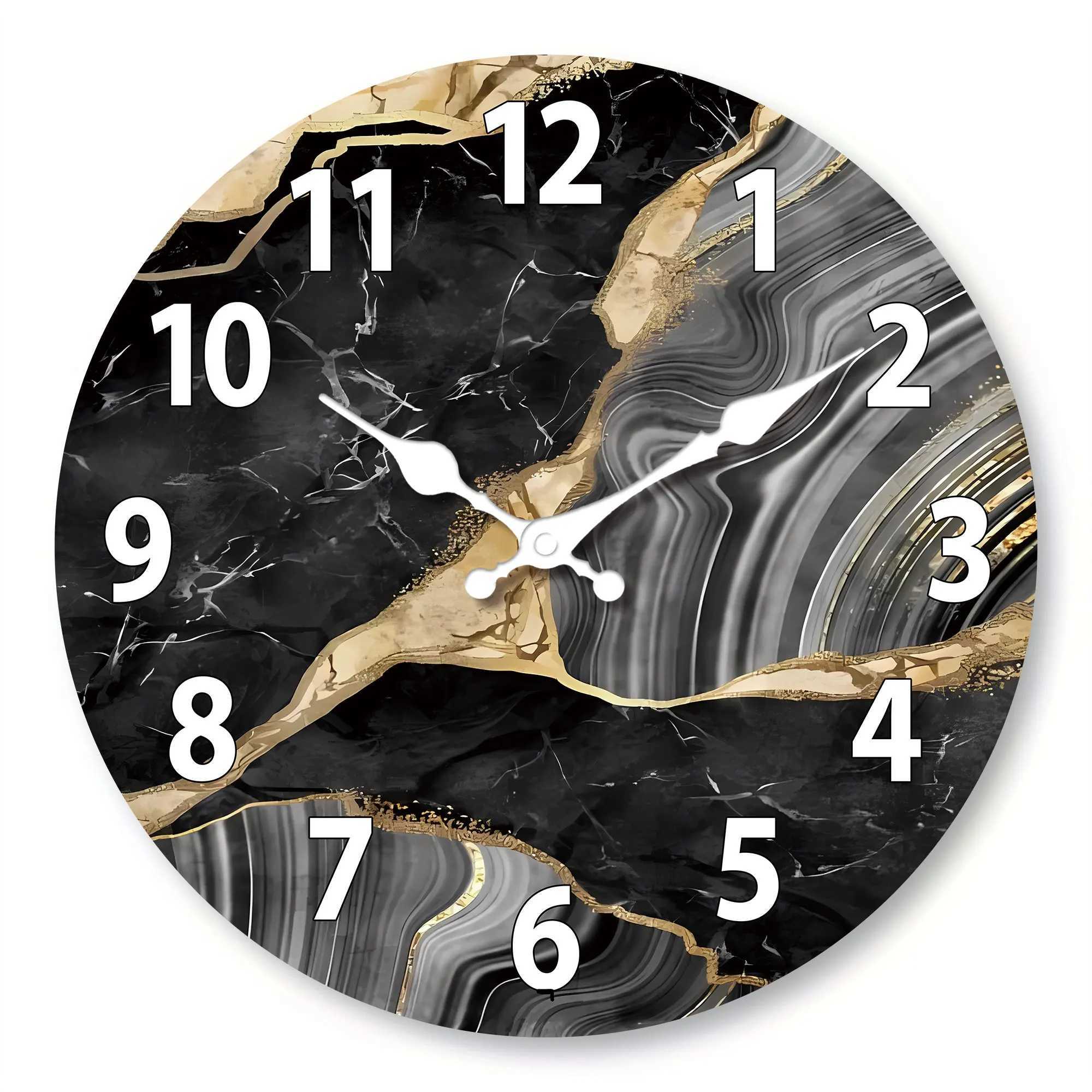 1pc round wooden wall clock modern simple marble texture pattern design wall clock silent clock suitable for living room din D260318