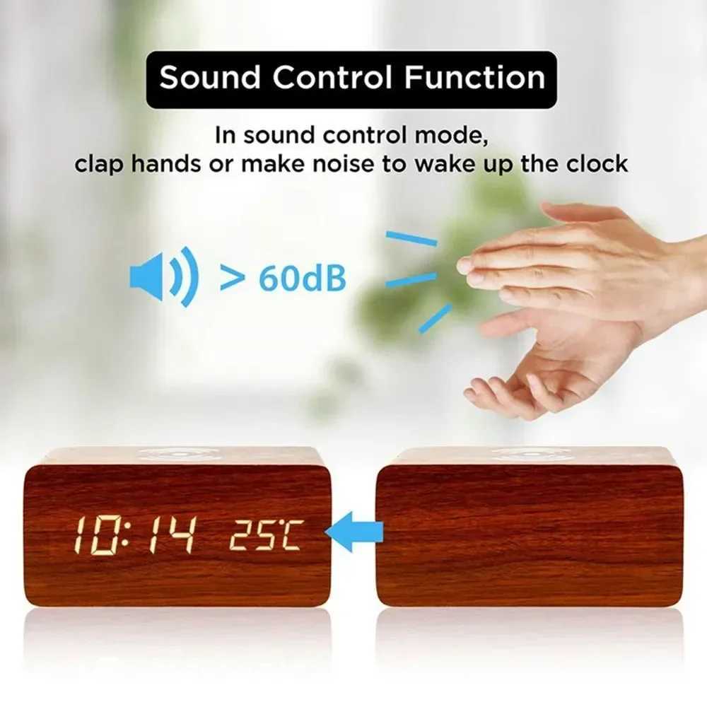 Alarm Clock LED Digital Wooden USB/AAA Powered Table Watch with Temperature Wireless Charging Electronic Desk Clocks D260318