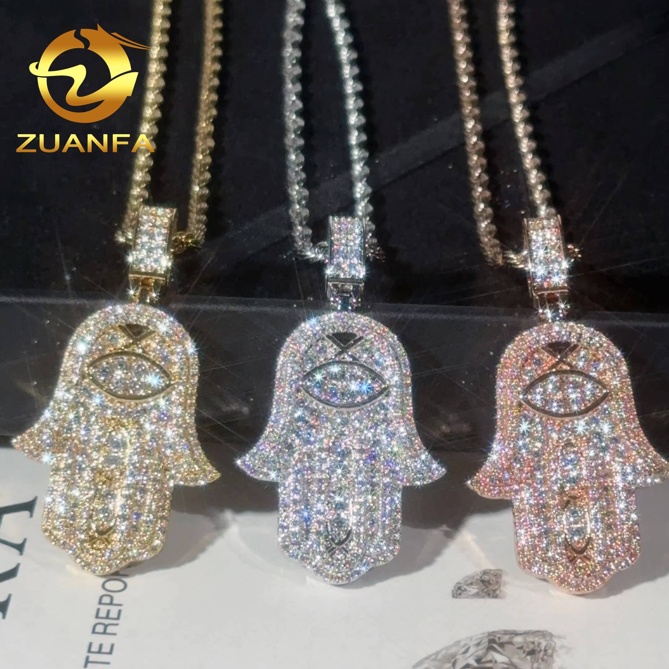 Ready to Ship Moissanite Hip Hop Jewelry Hamsa Iced Out Pendant Sterling Silver 925 Moissanite Pendant With Rope Chain for Men
