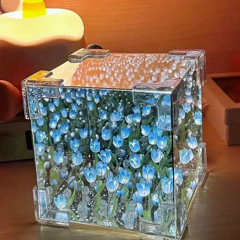 DIY Handmade Tulip Mirror Cube Lamp Simulation Flower Bedroom Sleeping Table Lamp Craft Tulips Mirror Night Light Birthday Gift H260318
