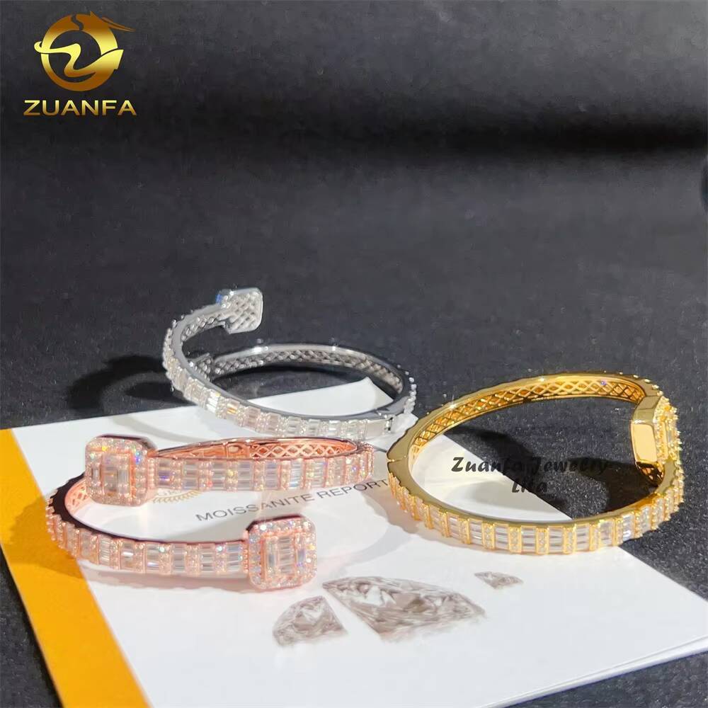 Hip Hop Style 5MM Width Iced Out Baguette Diamond Square Clasp 925 Silver Moissanite Bangle Bracelet