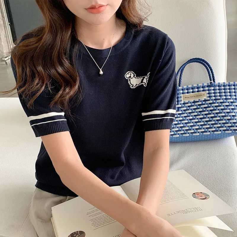 Womens T-Shirt Summer 100 Cotton Sweater Short Sleeve Knit Round Neck Ladies Top Loose Fashion Embroidery Tees Blouse PulloverT260317