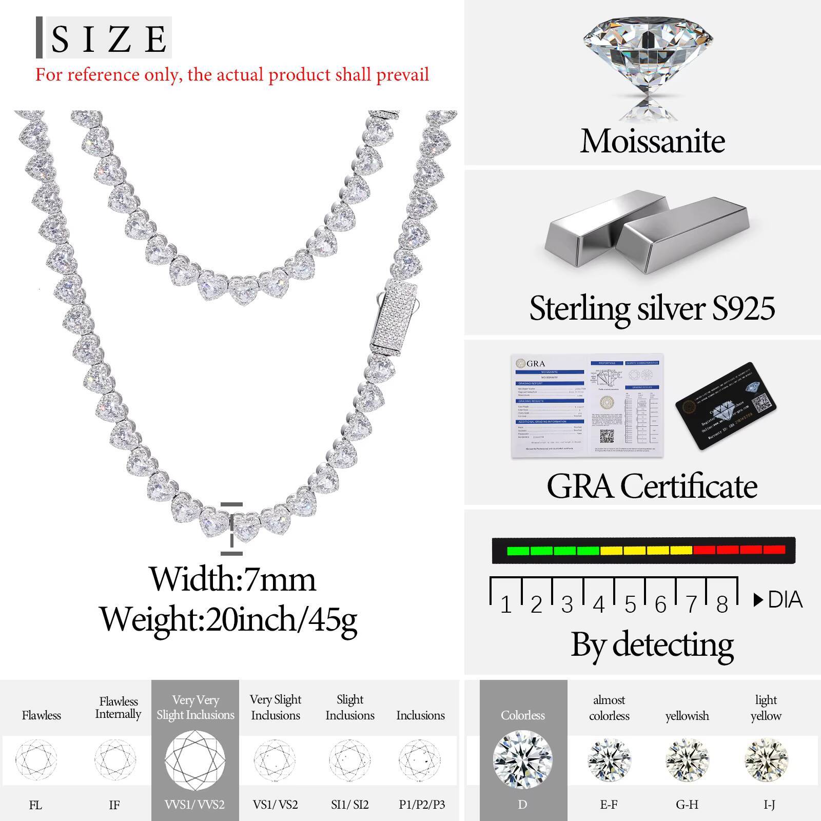 Bling Hip Hop Jewelry Wholesale 7mm 925 Sterling Silver Heart Cut VVS Moissanite Diamond Iced Out Tennis Chain Necklace