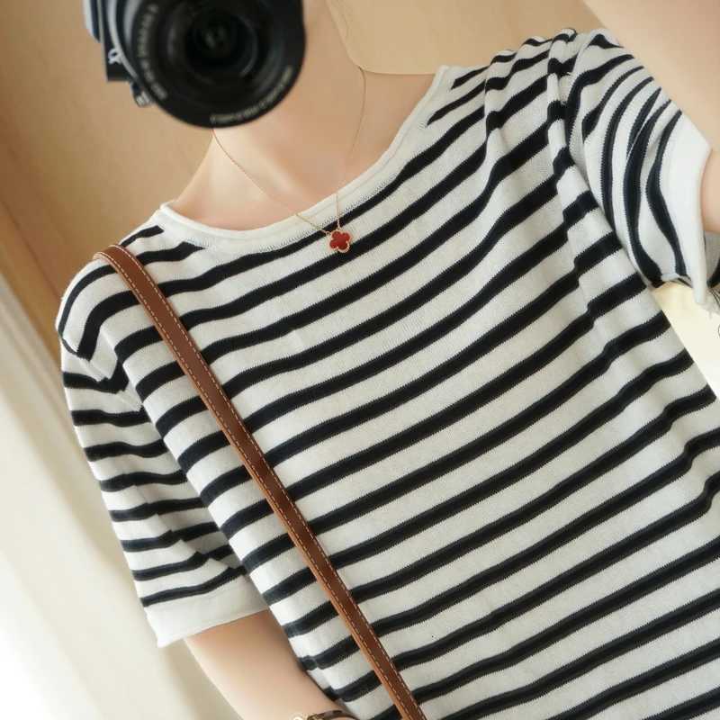 2026 Spring/Summer New Womens 100 Cotton Sweaters Round Neck Short Sleeve Striped T-Shirts Fashion Casual Outerwears PulloverT260317