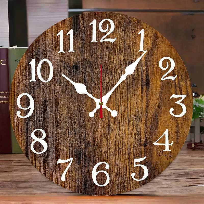 Rustic Brown Wooden Round Silent Hanging Wall Clock Suitable For Living Room Office Study Room Bedroom Home Decoration D260318