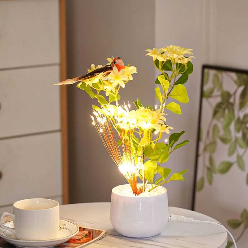 LED Flower and Bird Potted Lamp Artificial Flower Table Lights for Camping Gift Living Room Bedroom Mother Home Decor Lamp H260318