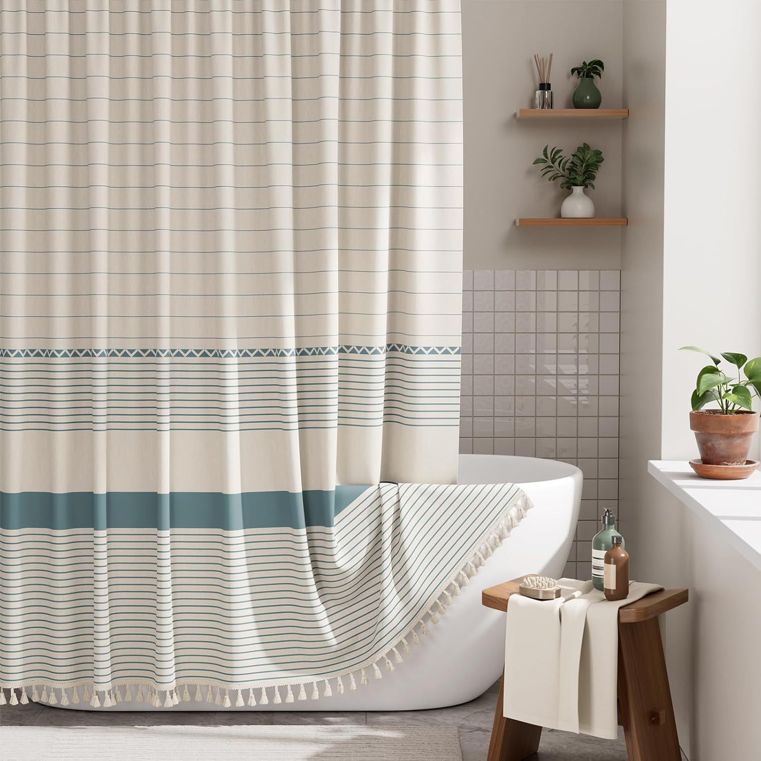 YL-38368 Printed Bamboo Striped Simple Tassel Bathroom Curtain, Waterproof and Thickened, Bathroom Partition Curtain