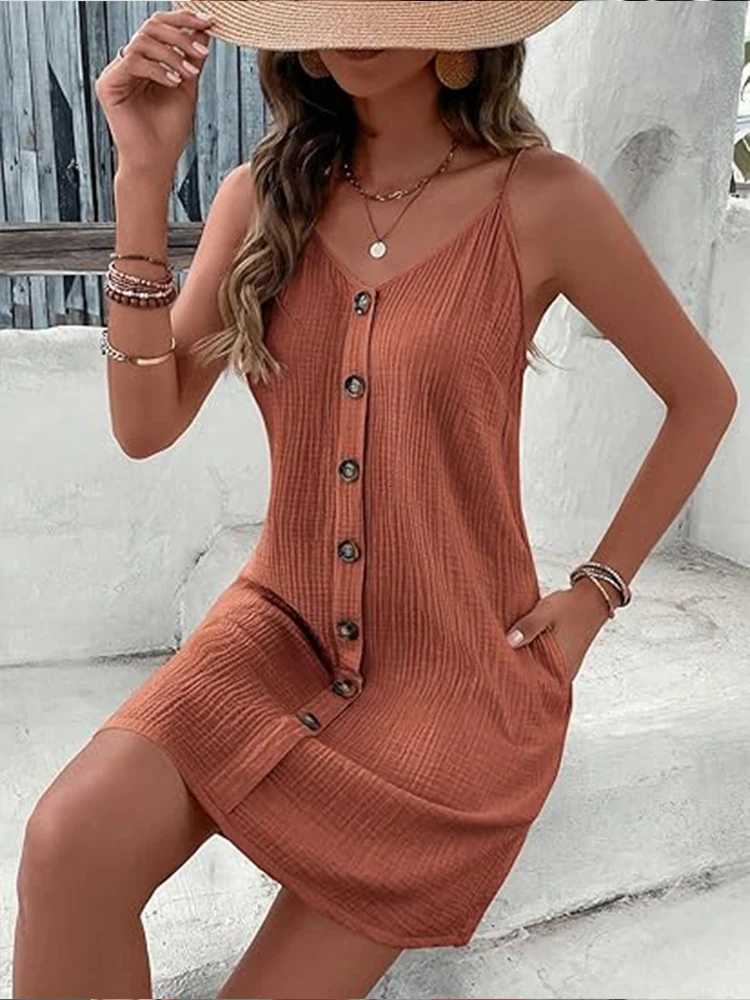 Womens Brown Textured Button Front Dress Spaghetti Straps Pockets Ideal for Summer Vacations Beach Outings Bohemian StylesXJ260318