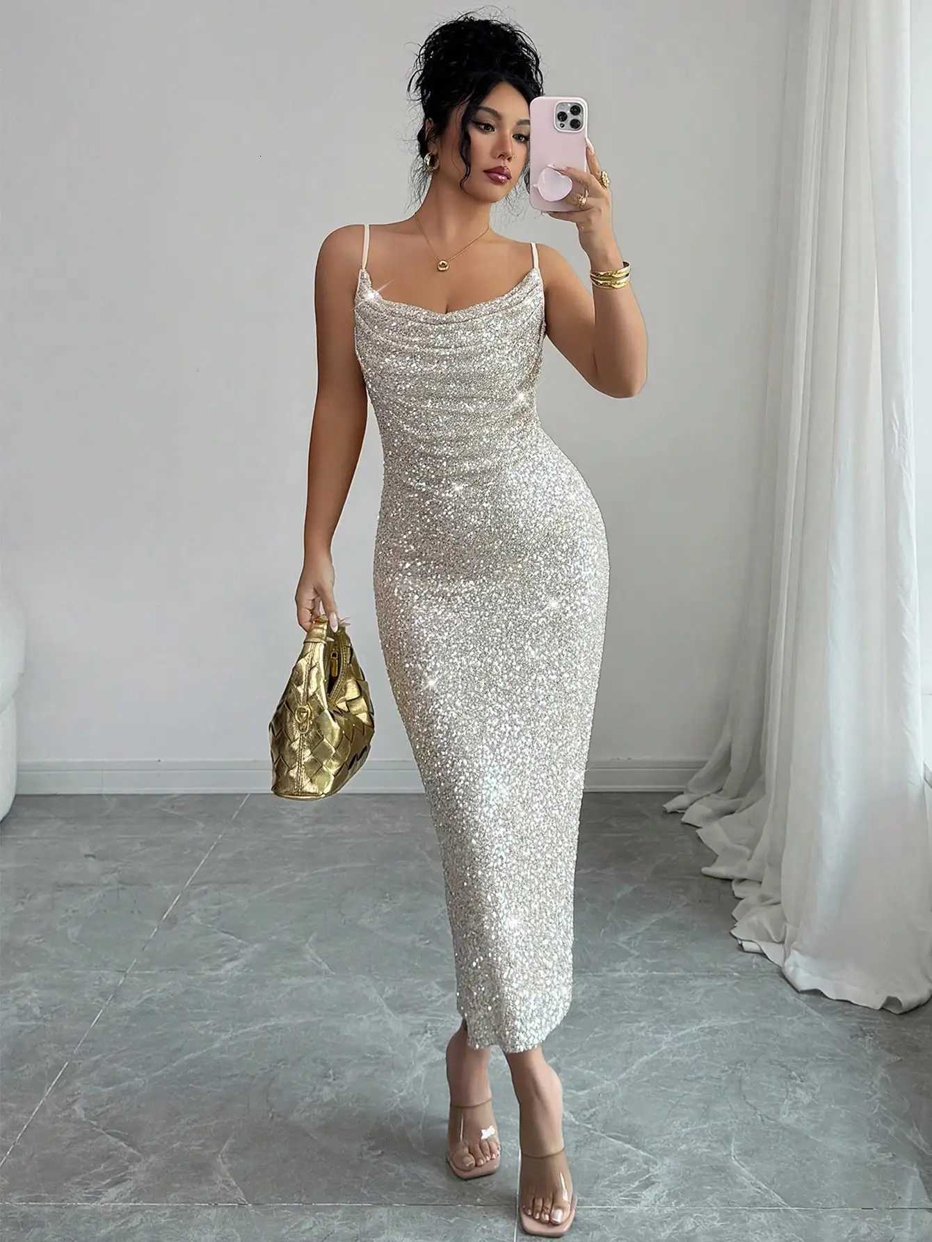 Sparkly Sequin Spaghetti Strap Draped Neck Ruched Midi Dress for PartyXJ260318
