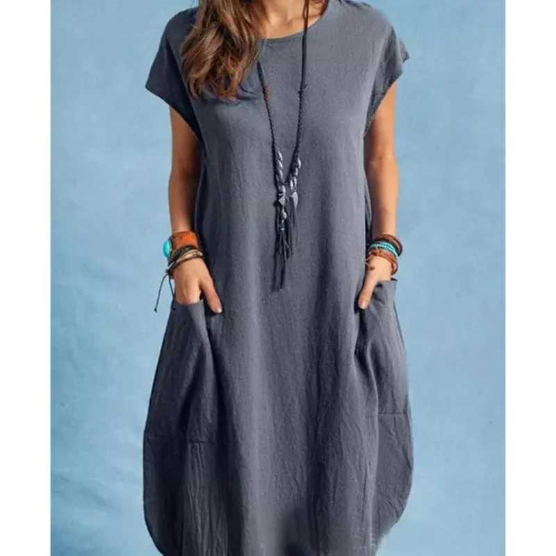 Spring and Summer Europe and the United States stand ne cotton linen loose casual pure color pocket dress ladiesXJ260318