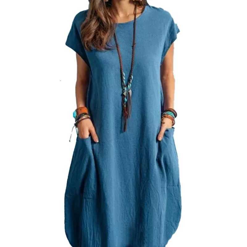 Spring and Summer Europe and the United States stand ne cotton linen loose casual pure color pocket dress ladiesXJ260318