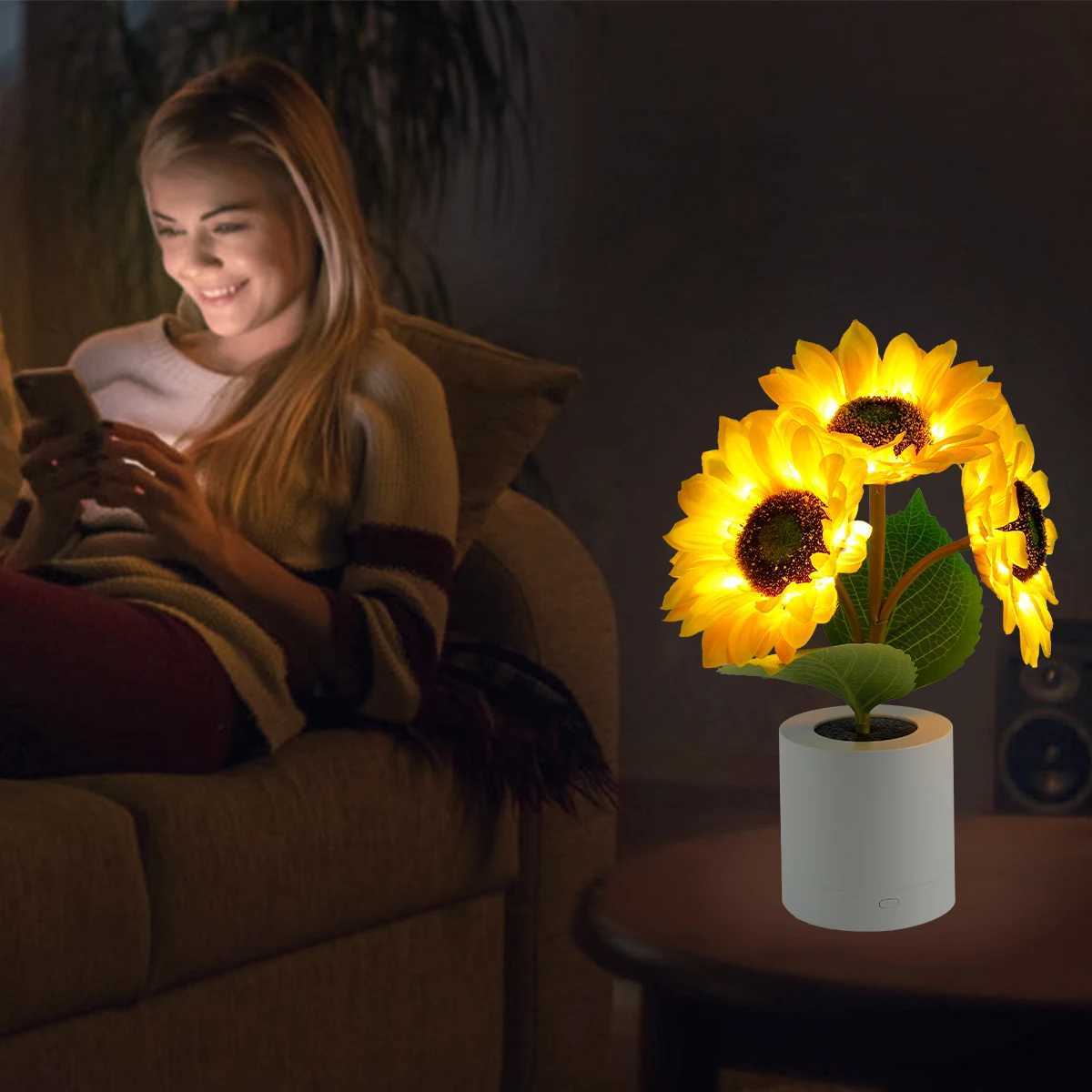 LED Sunflower Night Light Dimmable Simulation Sunflower Table Lamp USB Creative Desktop Decorative Light Bedroom Bedside Light H260318