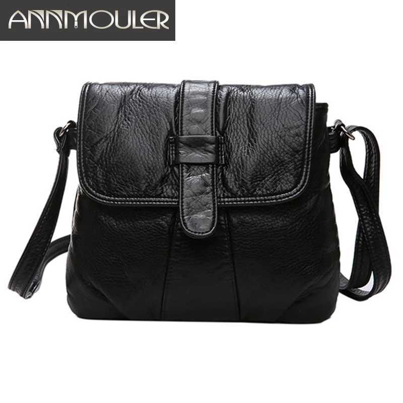 Annmouler Fashion Women Crossbody Bag Black Soft Washed Leather Shoulder Bag Small Size Messenger Bag Quality Lady PurseZ260317