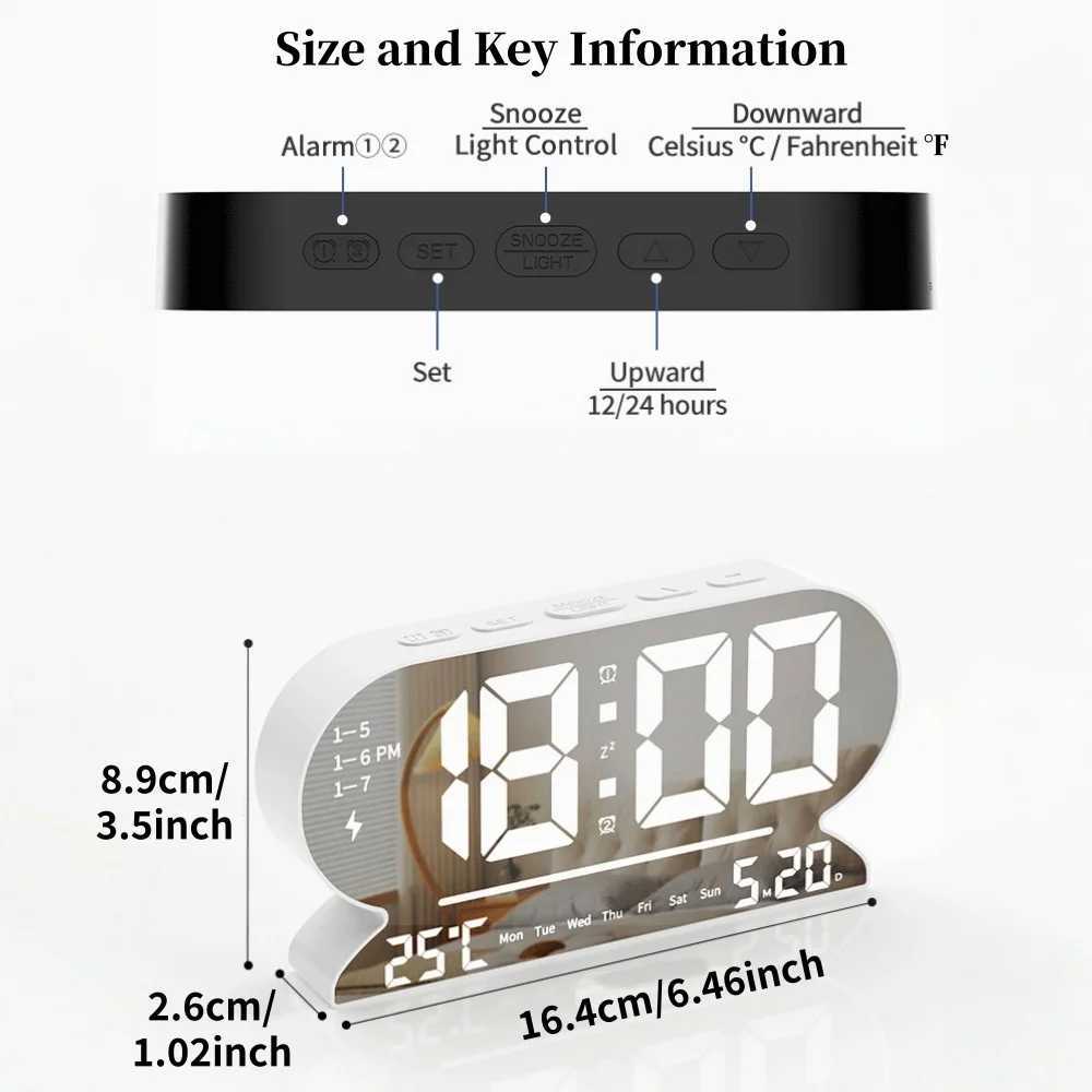 USB Powered Digital Alarm Clock TEMP Date Week 2 Alarm Night Mode Snooze Table Clock 3 Levels Brightness 12/24H LED Wall Clock D260318