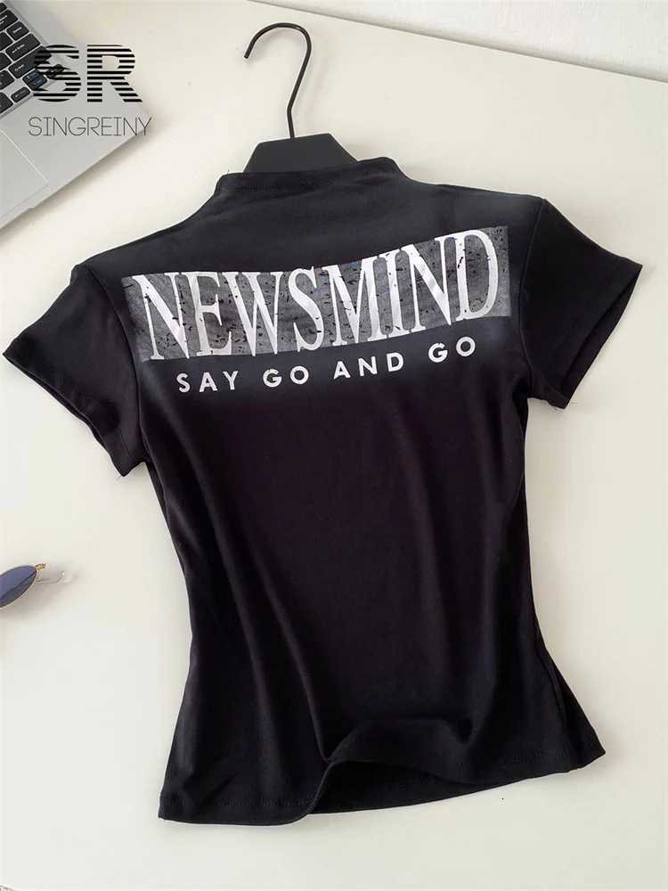 SINGREINY American Retro Basics T-Shirt 2025 Stand Collar Short Sleeves Soft Bottoming Shirt Fashion Hot Girl Letter Print TopT260317