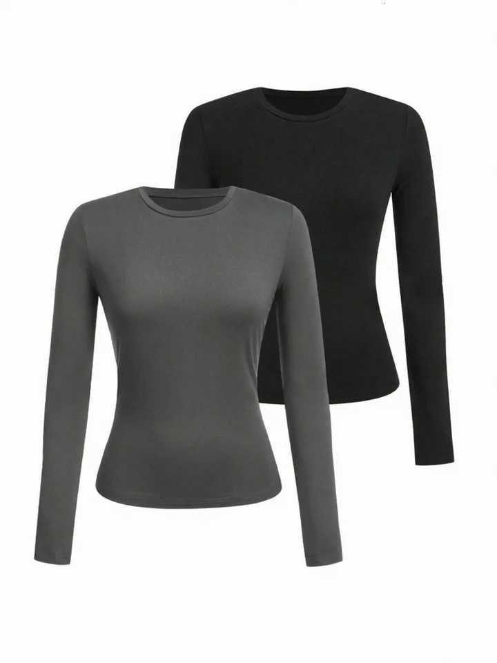 Womens solid-color long-sleeved T-shirt - Polyester knitted fabric round neck regular fit fall-winter styleT260317