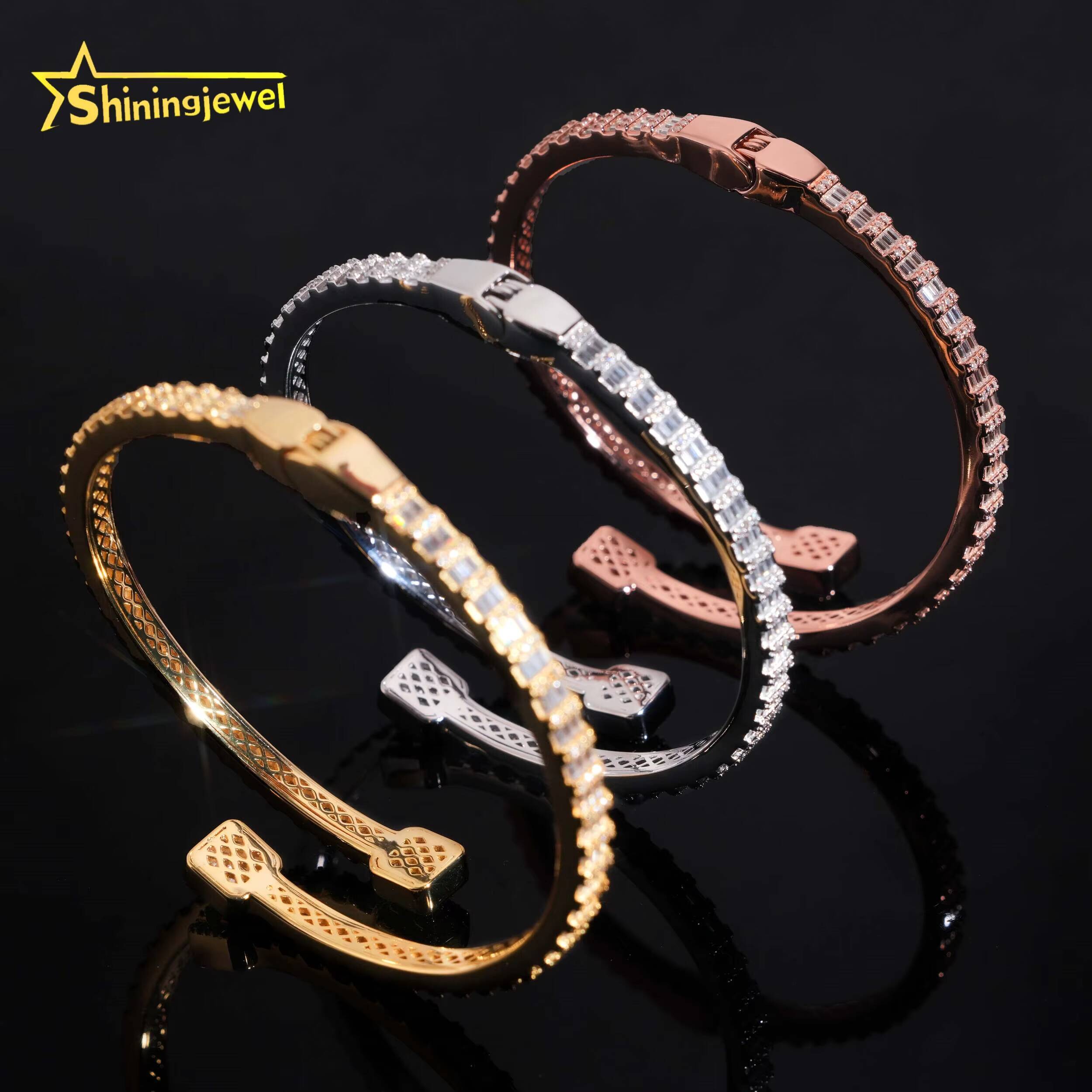 Worldwide Shipping Fine Jewelry Trendy S925 Silver Gold Plated VVS Baguette Moissanite Diamond Bangle Bracelet