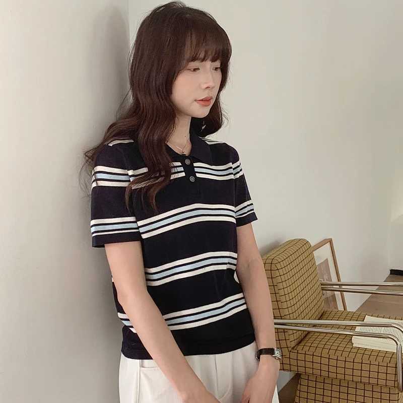 Summer New Womens POLO Neck T-shirt 100 Cotton Knit Short Sleeve Pullover Color Blocking Stripe Tees Loose Fashion Ladies TopsT260317