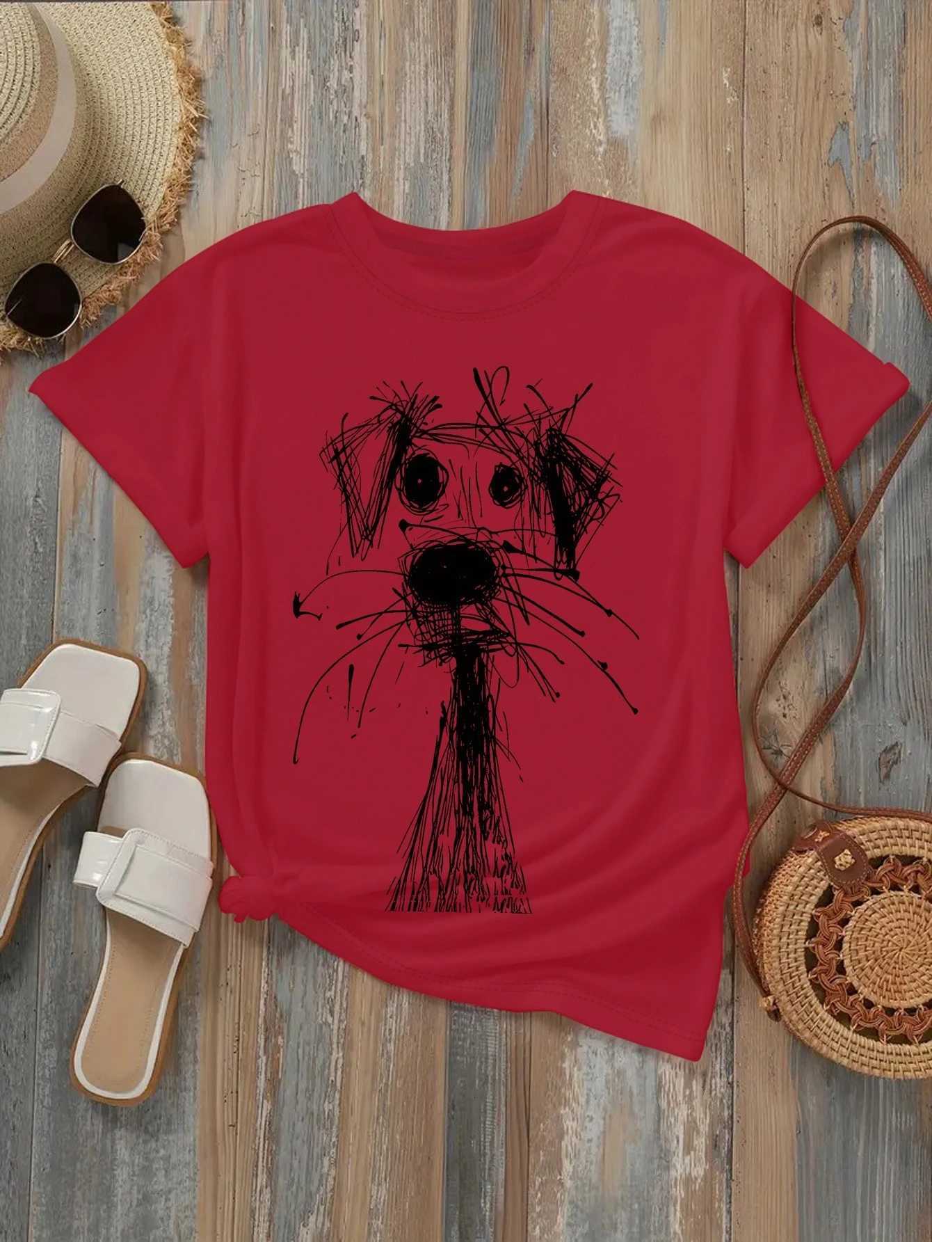 Womens Fashion Printed T-Shirt with Fun Dog Sketch Design Soft Round Neck Short Sleeve Casual Style for Daily Summer ClothingT260317