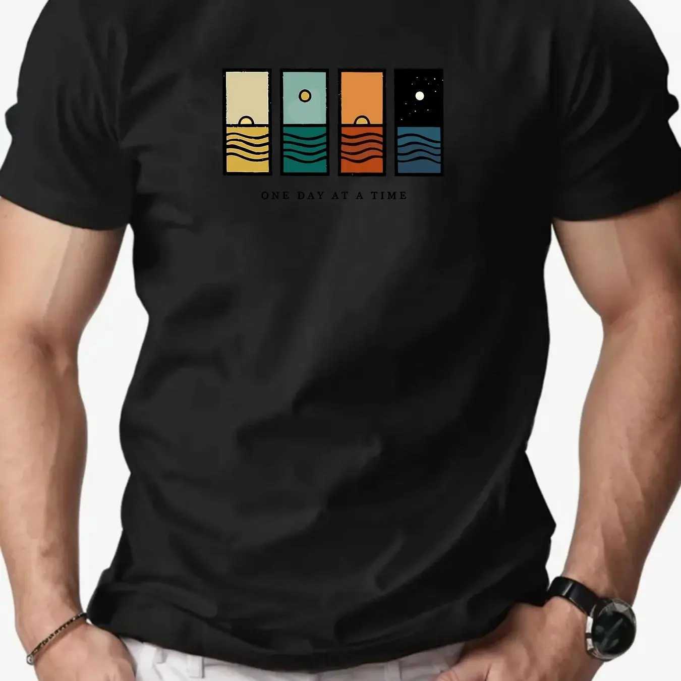 Men One Day At A Time Graphic Casual T-Shirt Summer Short Sleeve Round Neck Tee with Colorful Stripes Men Clothing J260318