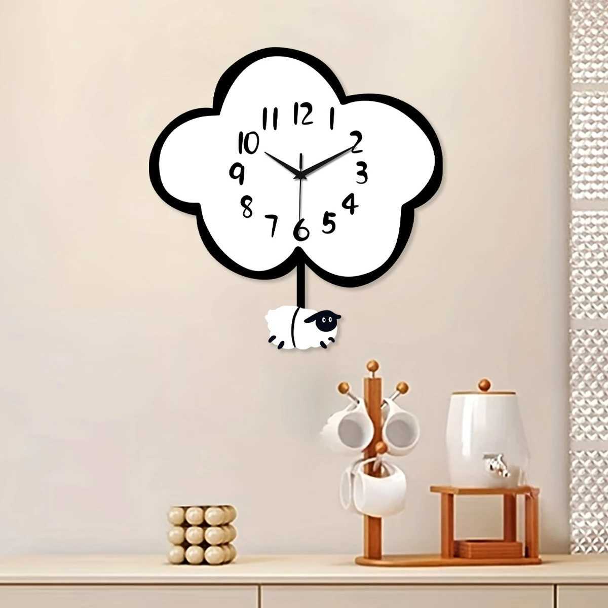 Wooden Cloud Sheep Large Swing Wall Clock Battery Powered Silent Swing Clock Living Room Bedroom Home Kitchen Aesthetic Room Decoration Wall Clock Uni