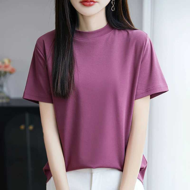 Summer New Cool Mercerized Cotton Short Sleeve T-shirt Womens Semi-High Collar 100 Cotton Loose Shoulder TopT260317