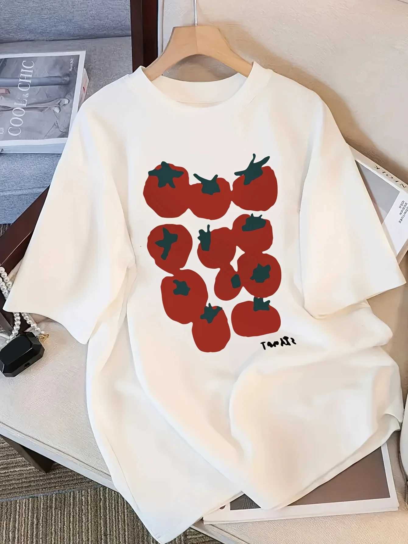 Cute Tomato Print T-Shirt Women Short Sleeve Tee Natural Fruit Graphic Top Kawaii Casual Summer Tshirt Friendly GiftT260317