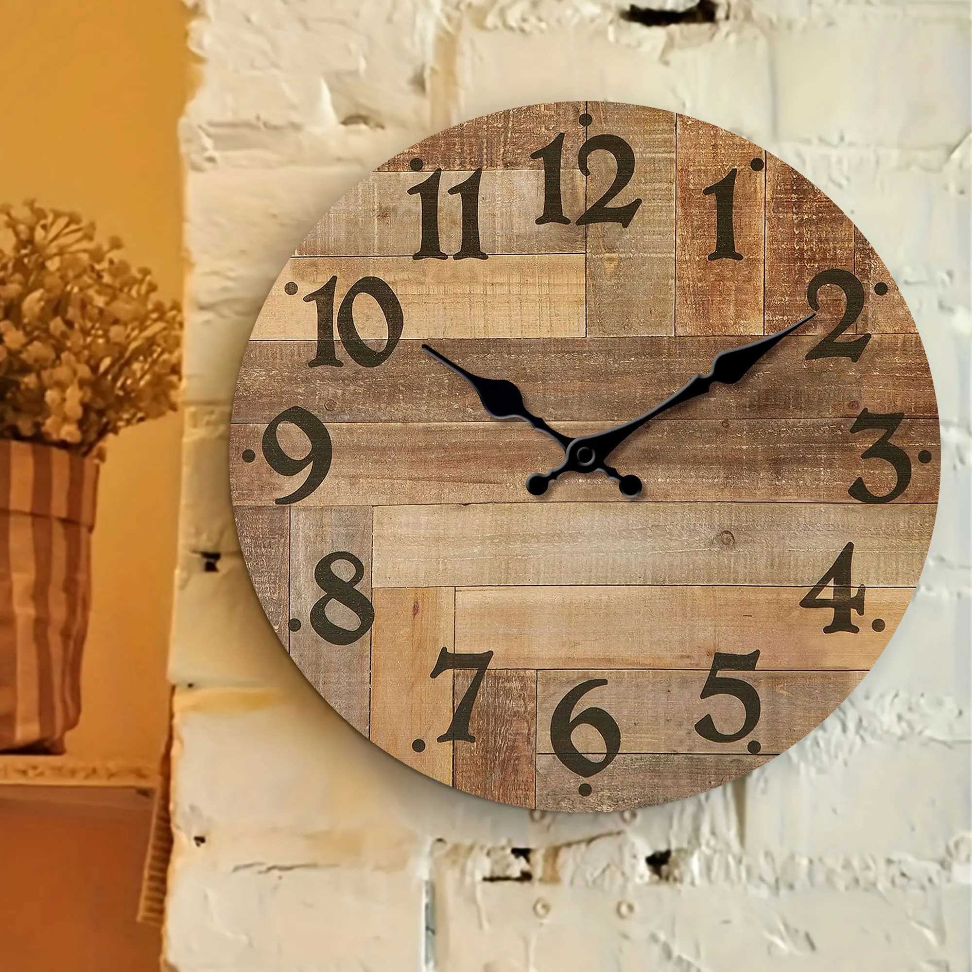 1pc Wooden veneer wall clock Vintage style Brown wood texture design wall clock round silent clock suitable for living room b D260318