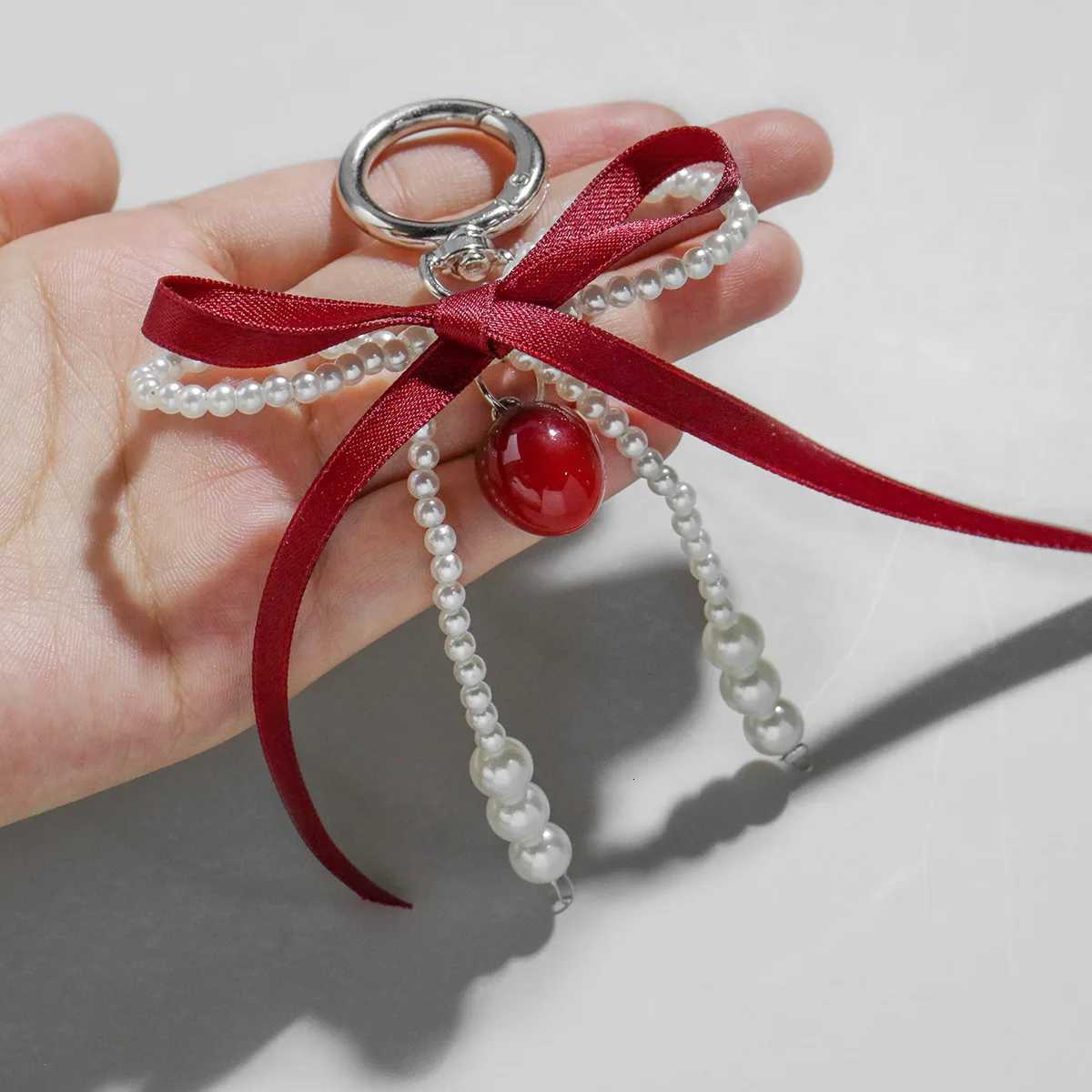 Wine Red Ribbon Cherry Pendants Keychain Women Sweet White Pearl Bow Backpack Key Ring Jewelry Bags Decoration Friendship Gifts H260318 - view 4