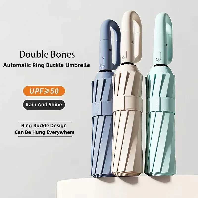 20 Bones 105cm Reinforce Ring Clasp Fully Automatic Umbrella for Men and Women Folding Windproof Strong Waterproof Sunscreen H260318 - view 3