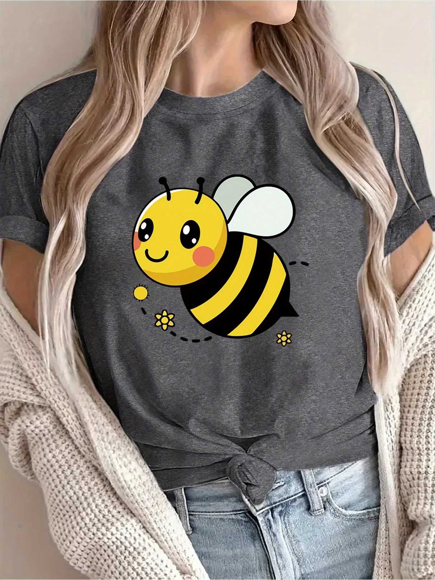 Womens Casual Short Sleeve T-Shirt Cute Cartoon Bee Floral Print Breathable Round Neck Tee for Spring/SummerT260317