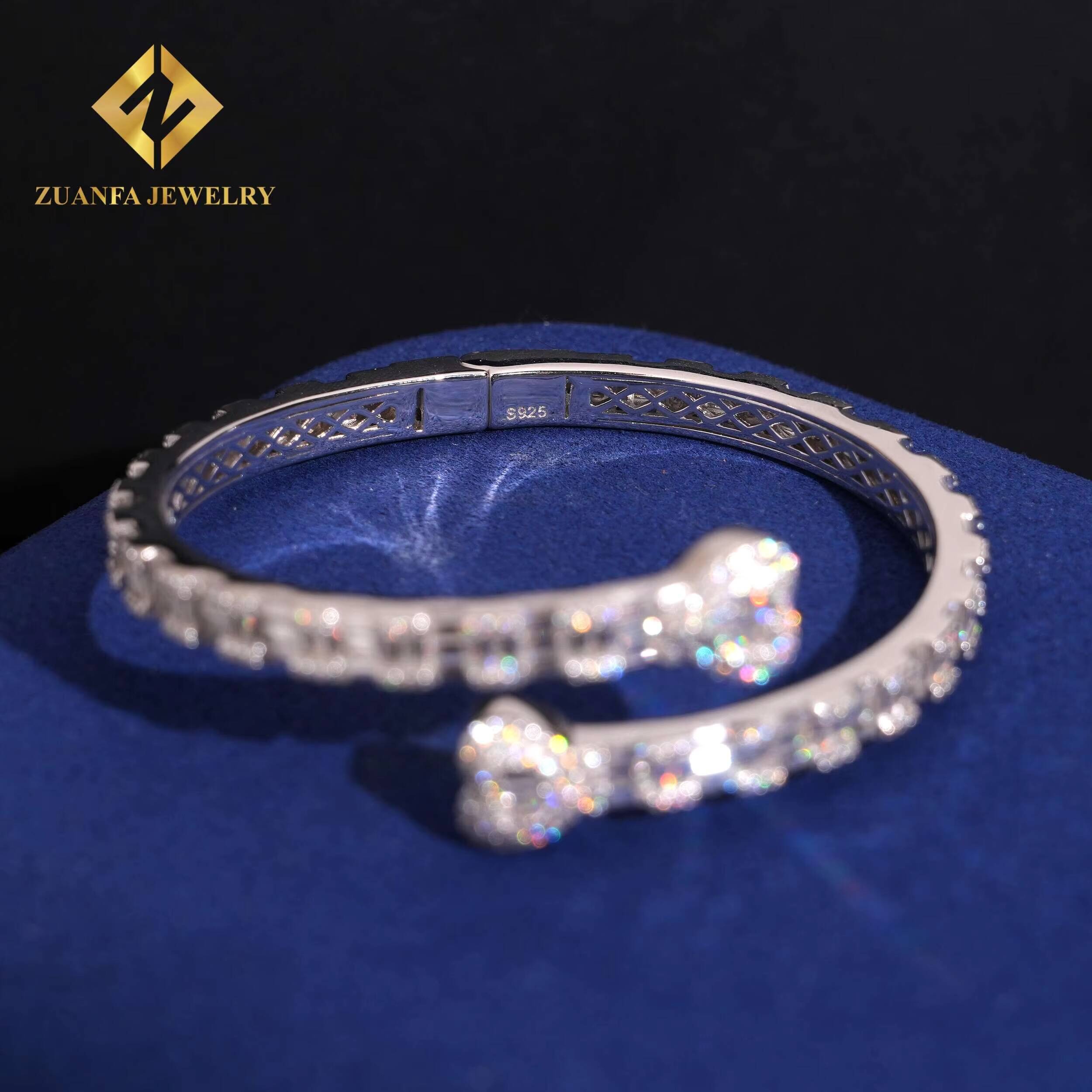925 Sterling Silver Ajustable Openable Double With Heart Bangle Bracelets Baguette Diamond Vvs Moissanite Fashion Hip Hop Men