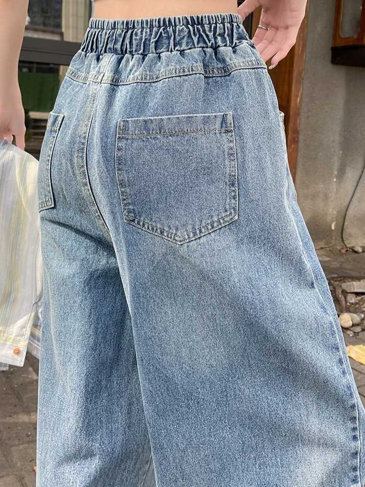 2026 Spring New Womens Trendy Wide Leg Jeans High Waist Slimming Drawstring Tie Elastic Waist Floor-Length Curved Sickle PantsT260317