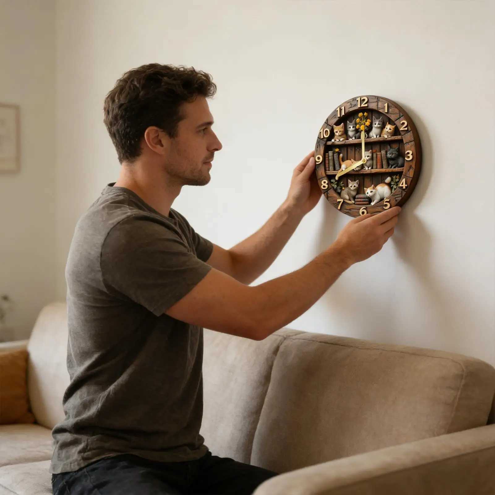 Cat Theme Wooden Wall Clock 12 Inch Cute Animal Decoration for Living Room Bedroom Farmhouse Home Office Decor Silent Clock D260318