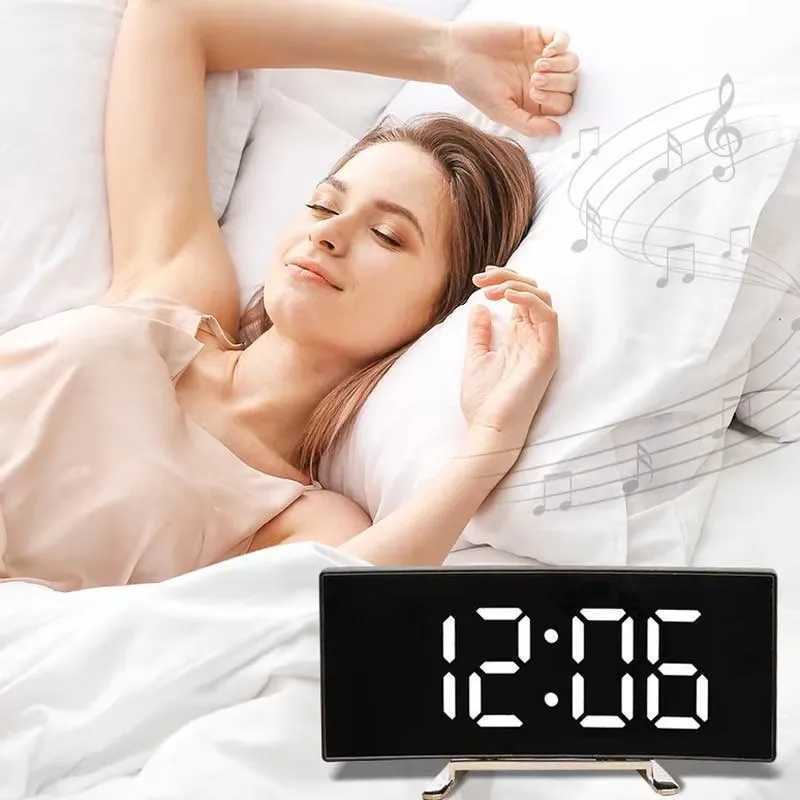 Creative Curved Electronic Clock LED Large Mirror Alarm Clock Silent Smart Desktop Clock Living Room Mirror Clock D260318