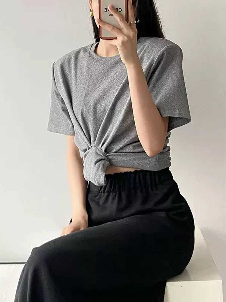 Y2K knotted twist knitted threaded round neck Top women fashionable and versatile navel padded shoulder short-sleeved T-shirtT260317