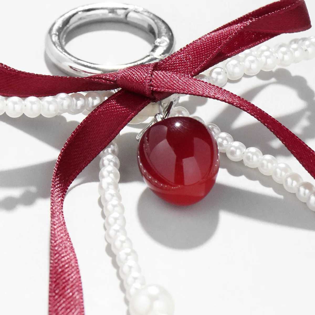 Wine Red Ribbon Cherry Pendants Keychain Women Sweet White Pearl Bow Backpack Key Ring Jewelry Bags Decoration Friendship Gifts H260318 - view 7