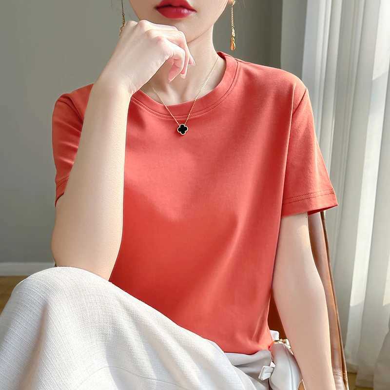High-End Cool Mercerized Cotton Short-Sleeved T-shirt Womens Solid Color Half Sleeve Bottoming T-Shirt TopT260317