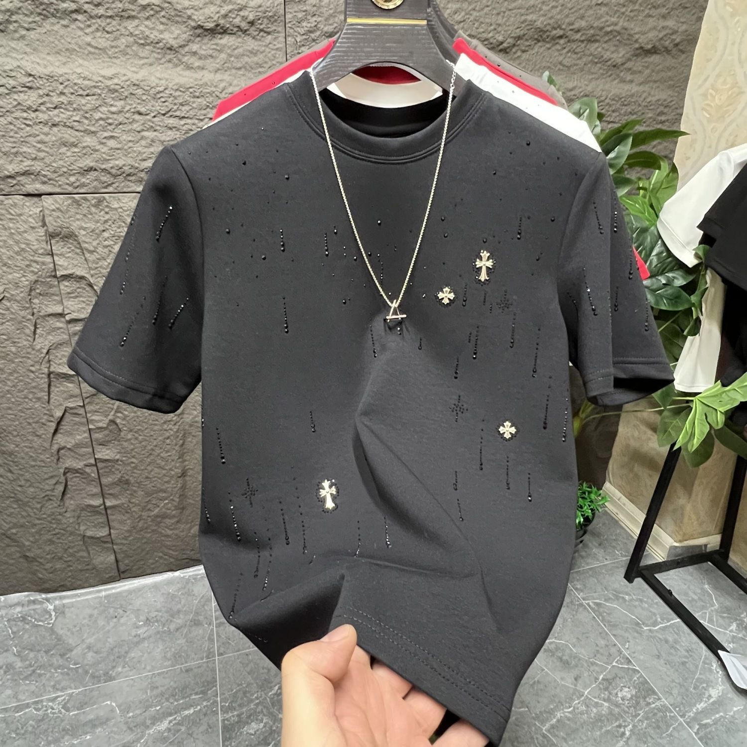 Luxury Brand Designer Summer new model: Meteor full-diamond trendy brand round-neck short-sleeve men T-shirt with high-end feel diamond embellishments
