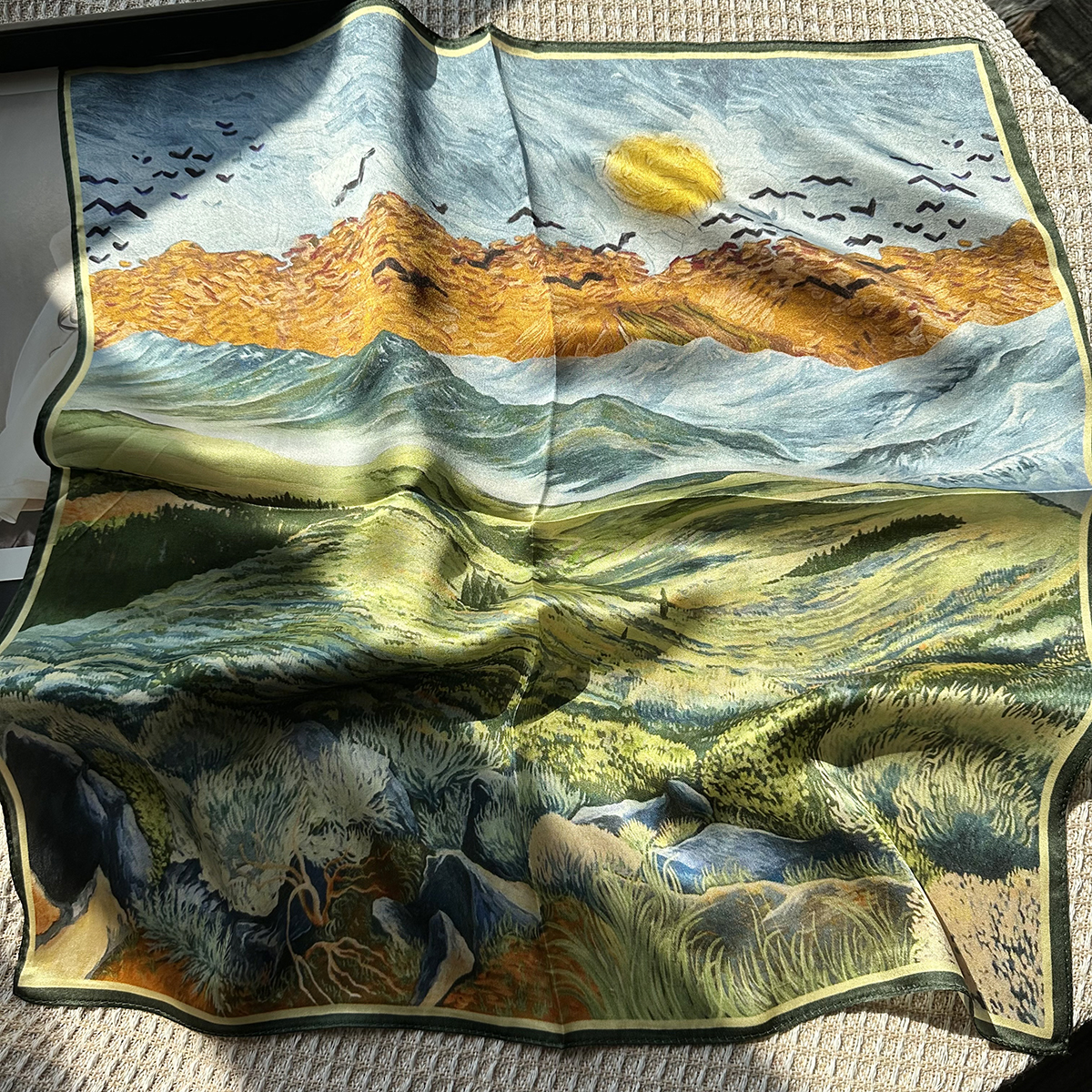 Green oil painting style rural elegance pure silk scarf for women in autumn and winter. 100% mulberry silk. 53cm small square scarf. Warmth for neck p