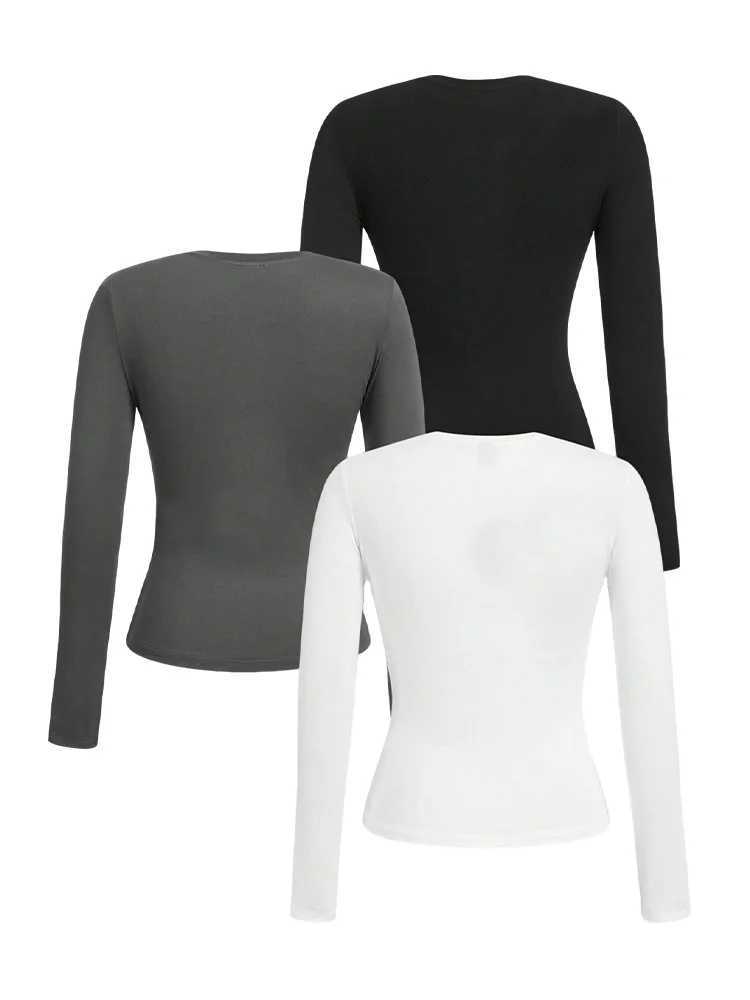 Womens solid-color long-sleeved T-shirt - Polyester knitted fabric round neck regular fit fall-winter styleT260317