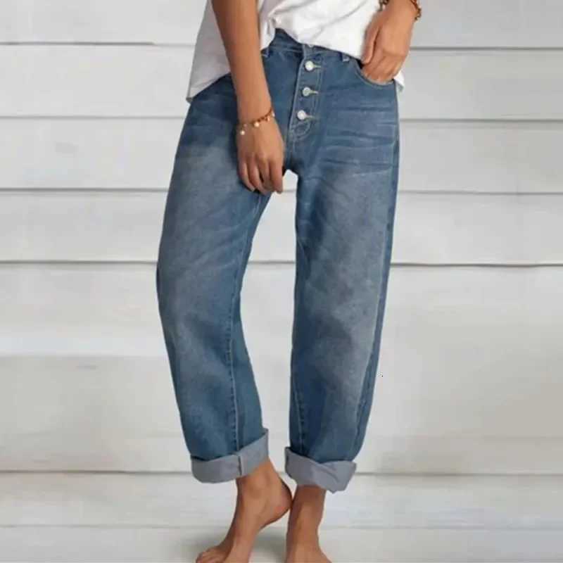 New Women Versatile Simple Denim Pants High Waist Single-breasted Splicing Straight Jeans Female Loose Casual Washable TrousersT260317