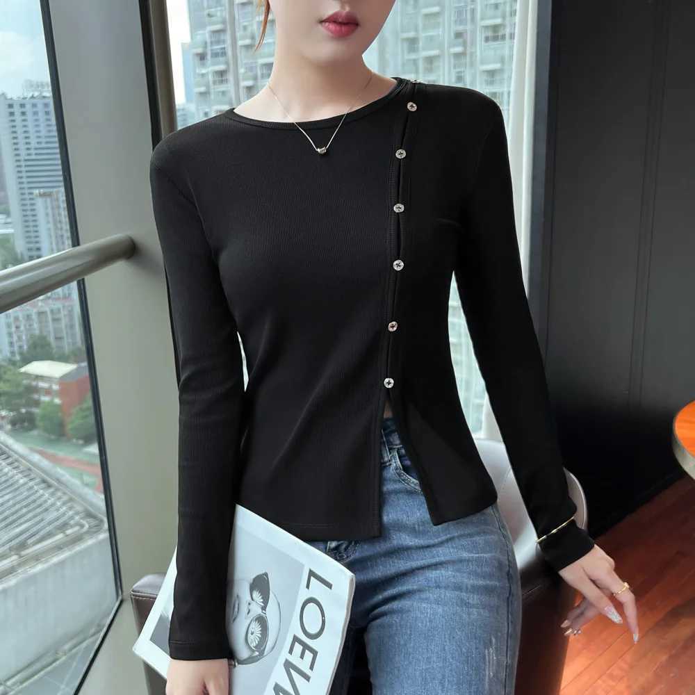 Korean style pink long sleeved T-shirt for womens autumn new high-quality cotton fashion plus size irregular casual topT260317